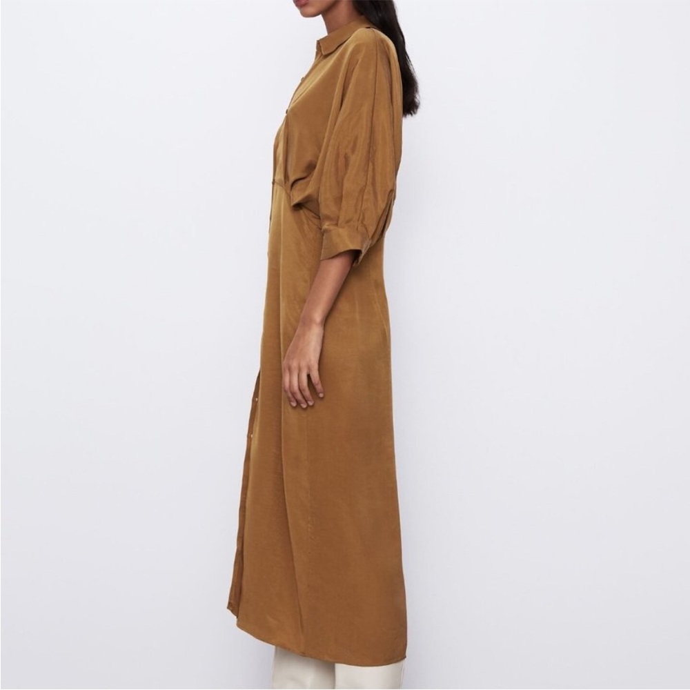 ZARA PLEATED SHIRT DRESS TRF TOFFEE Size XS - Picture 3 of 9